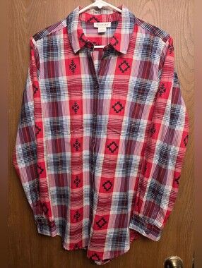 Ariat Red Plaid Button-Down Shirt with Black Accent Motifs